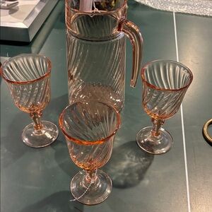 VTG Pink Swirl pitcher and 3 small goblets